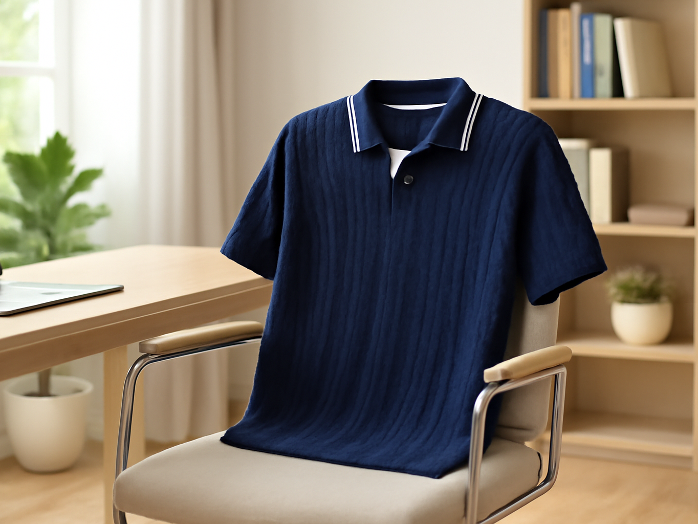Navy textured polo shirt on office chair in modern home office setting