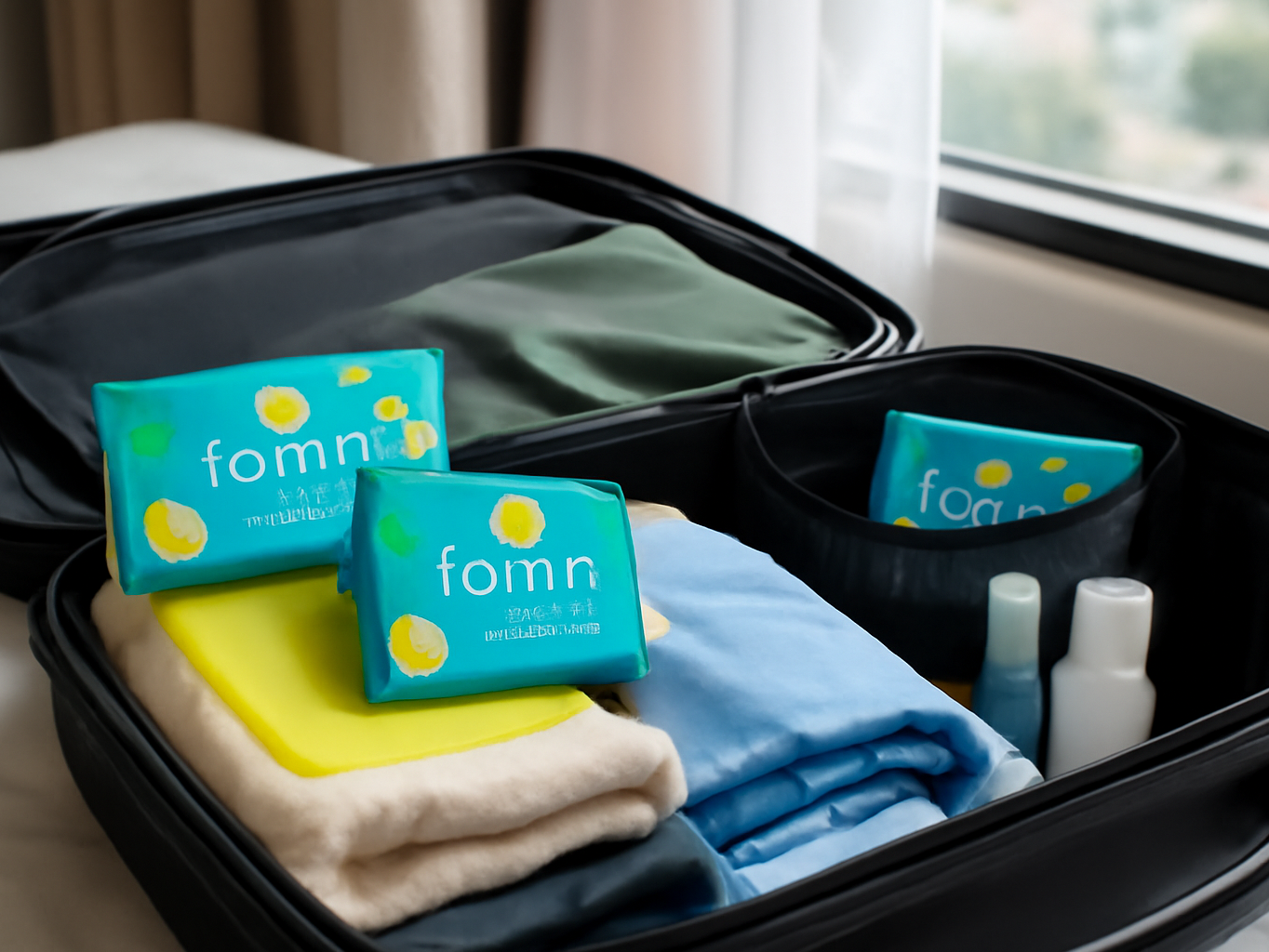 Lemon paper soap sheets positioned in an open suitcase alongside travel essentials on a hotel bed