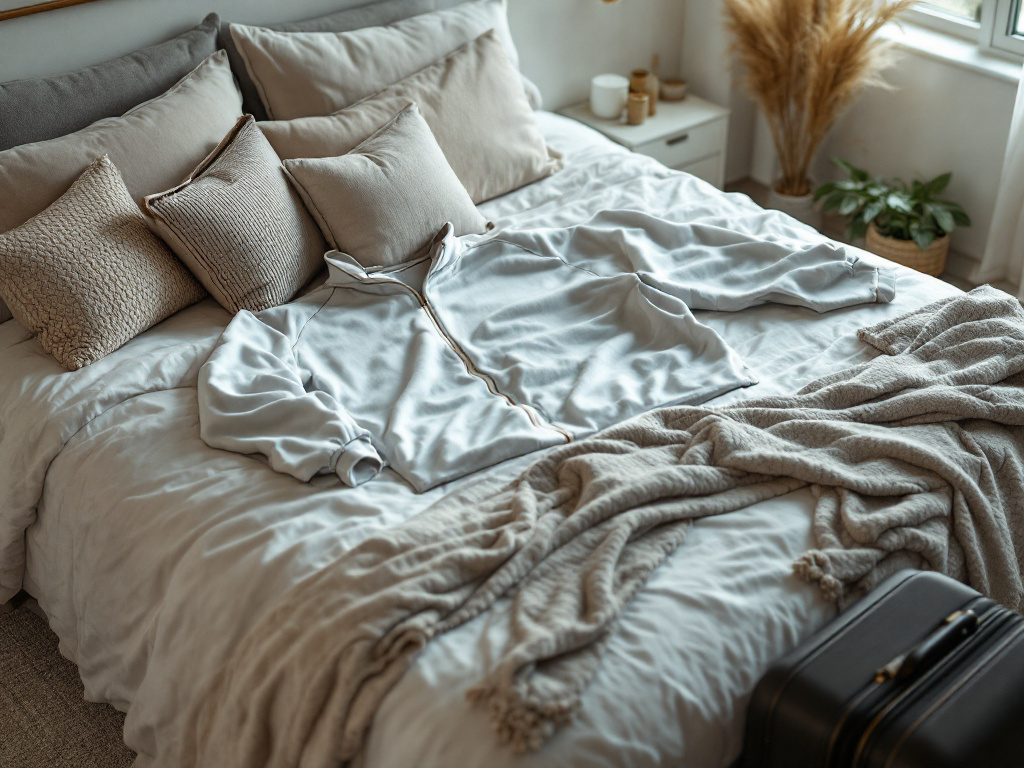 Plus-size tracksuit arranged on a bed in a bedroom with travel luggage and accessories surrounding it