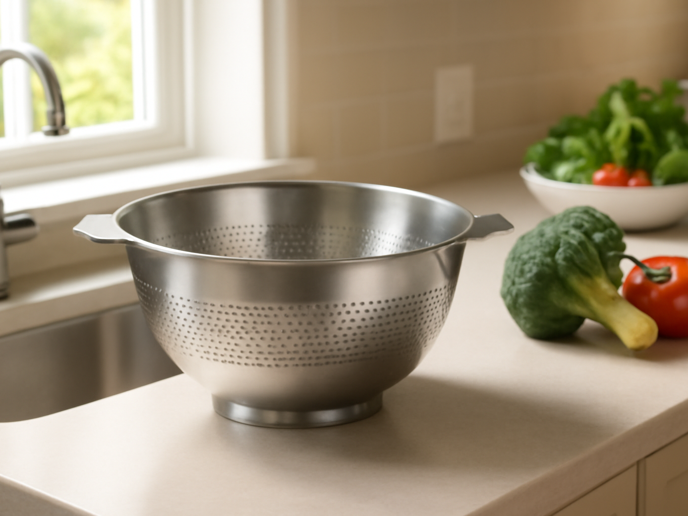 Stainless steel colander and mixing bowl set displayed on a bright kitchen counter by the sink