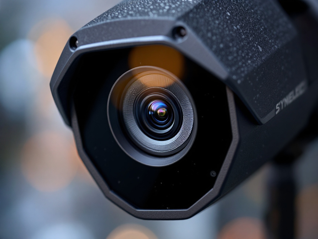 Macro close-up of SYMYNELEC camera lens and sensor details on black aluminum body