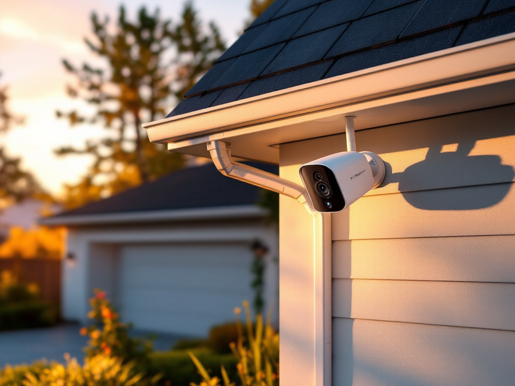 SYMYNELEC security camera with solar panel mounted on house corner overlooking driveway and lawn