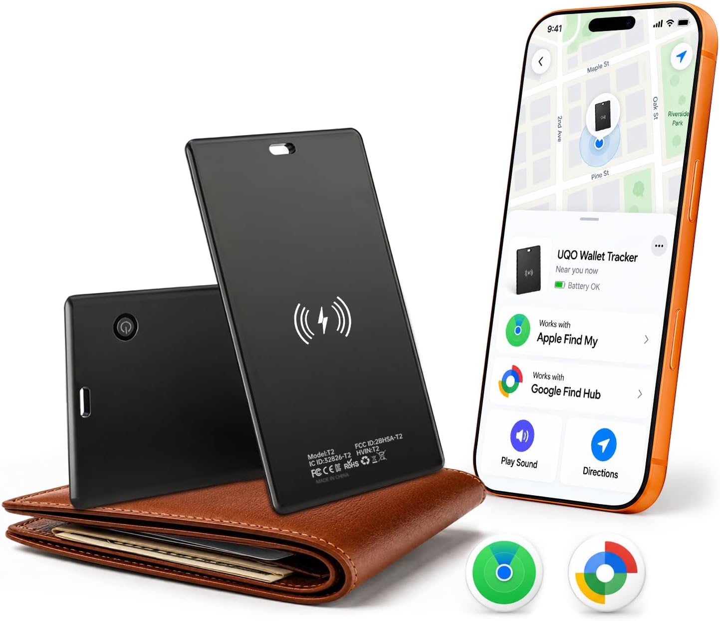 Wallet Tracker Card, Works with Apple Find My or Google Find Hub: A man sliding a slim black credit-card-sized wallet tr